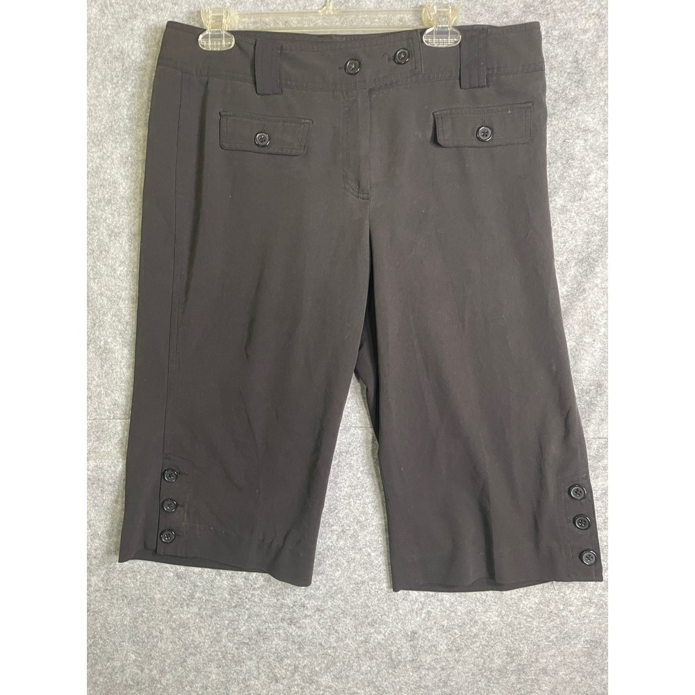 Larry Levine Stretch Black Capri Pants Women 12 Cropped Button Hem Trousers
